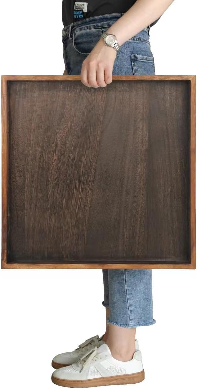 Extra Large Square Ottoman Table Tray 20" - Rustic Wooden Serving Tray for Farmhouse Decorative Oversized Coffee Table Trays Living Room Kitchen Counter Breakfast Brown