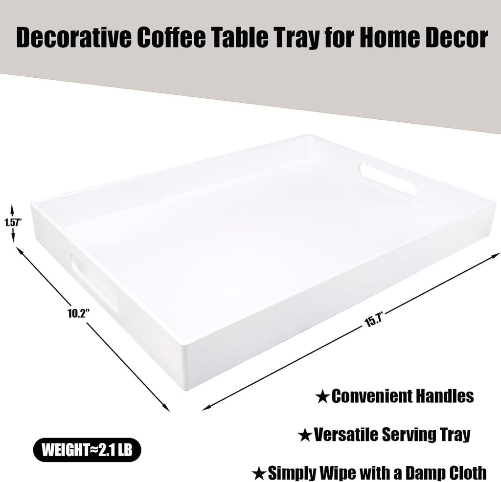 White Serving Tray for Coffee Table, Rectangular Plastic Decorative Tray with Handles for Entertaining, Outdoor Patio, Living Room, Ottoman, Bathroom Counter, 11.8”*15.7”*1.6”