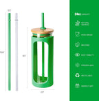 Kodrine 20oz Glass Tumbler with Straw and Lid, Iced Coffee Cups with Bamboo Lids, Glass Cups for Cold Drinks, Smoothie Cup with Silicone Sleeve for Travel, Work, BPA FREE-SpringGreen