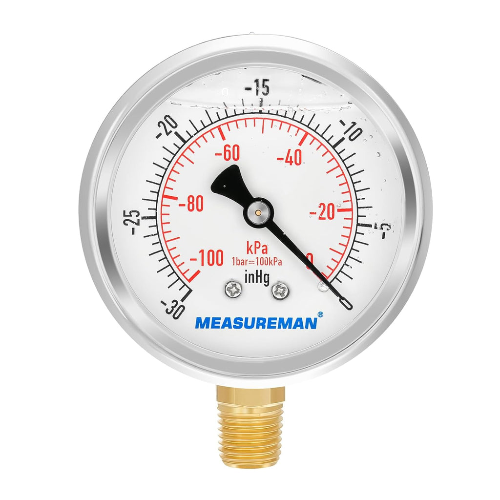 MEASUREMAN 2-1/2" dial,Glycerin Filled, Stainless Steel case, Brass Inside, 30inHg/-100kpa-0,1/4" NPT Lower Mount