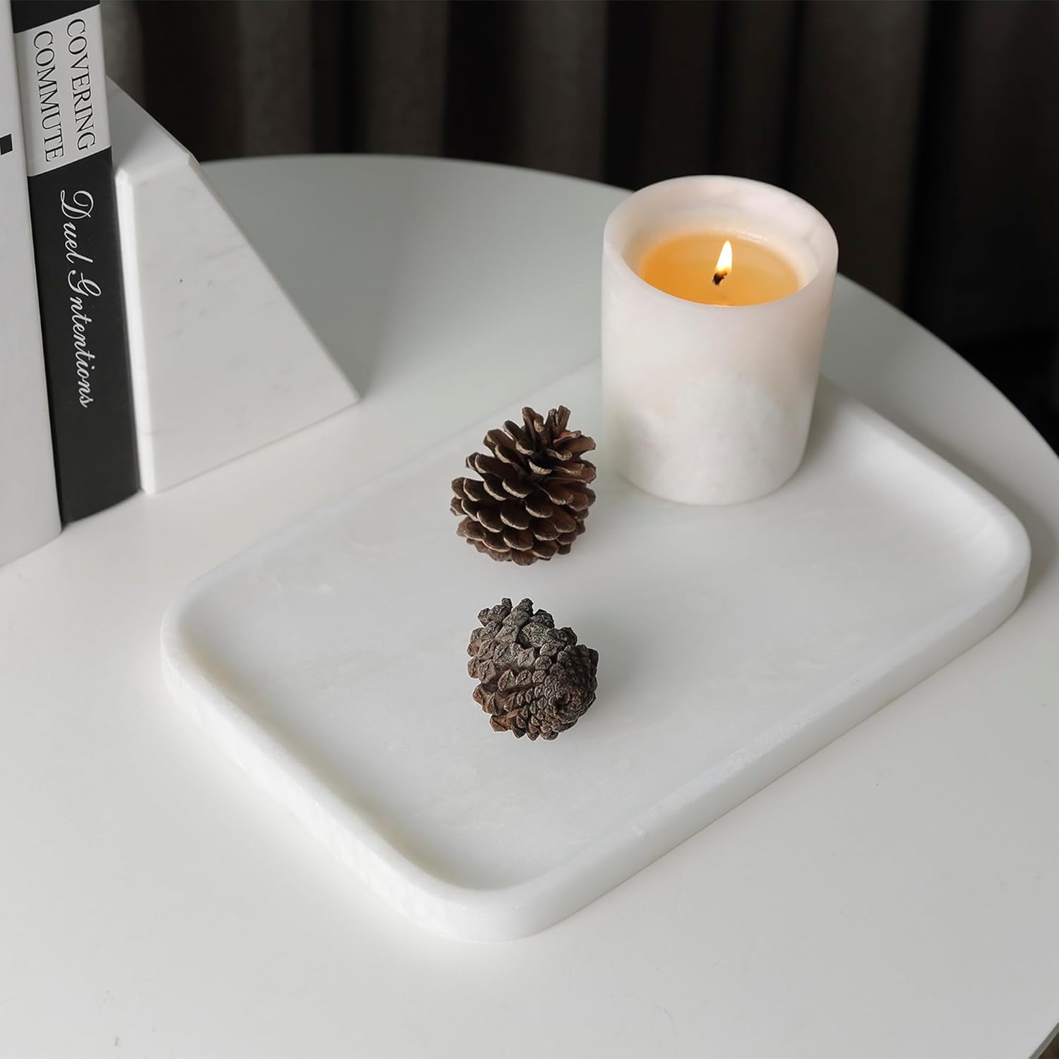 Vanity Tray, 11.8inch Marble Bathroom Tray for Countertop, White Marble Bathroom Dresser, Stone Serving Tray for Kitchen Counter, Storage Organizer for Decor, Perfume, Jewelry