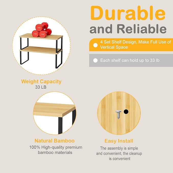 Cabinet Shelf Organizers, 15.7 inches Large Kitchen Counter Shelf, Set of 2 Wood Kitchen Pantry Organizer, Storage Shelves for Countertop, Spice Rack, Stackable, Expandable, Metal Black, Nature