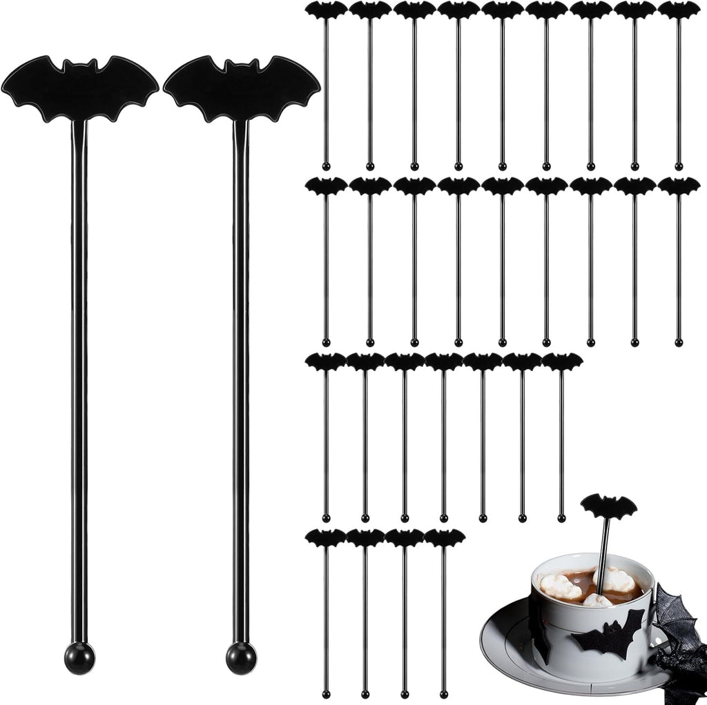 30 Pcs Halloween Swizzle Sticks Plastic Coffee and Cocktail Stirrers Fall Thanksgiving Drink Stirrers Cocktail Mixers for Halloween Fall Autumn Party Tea Coffee Bar Decoration(Bat)