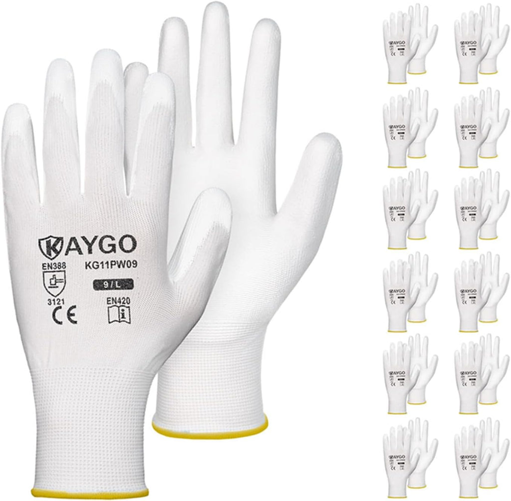 KAYGO Safety Work Gloves PU Coated-12 Pairs, KG11PB, Seamless Knit Glove with Polyurethane Coated Smooth Grip on Palm & Fingers, for Men and Women, Ideal for General Duty Work (Large, White)