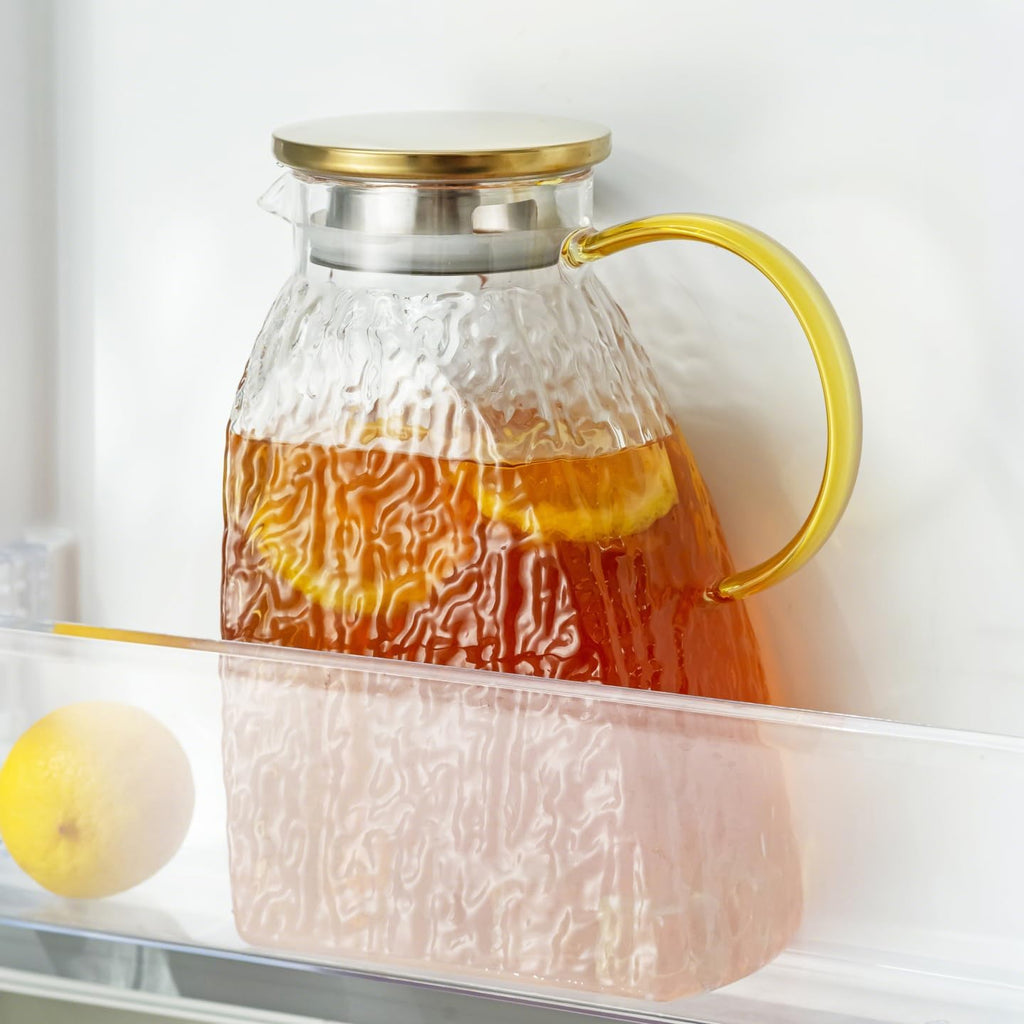 Baffect Water Pitcher, Glass Pitcher With Lid And Handle, 63 Oz / 1.8 L High Borosilicate Glass Jug For Fridge Door, Carafe For Hot/Cold Iced Tea Juice Coffee Milk Beverage （Glacier-Textured）