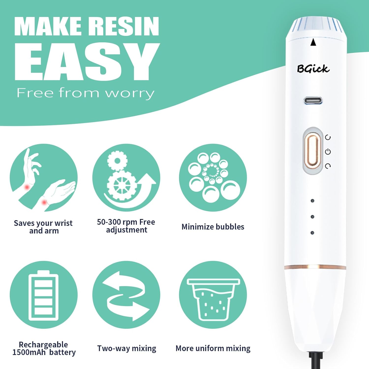 Upgraded Resin Mixer, Handheld Rechargeable Mixer with Minimizing Bubbles,Epoxy Resin Mixer for Resin, Silicone Mixing, Resin Molds, DIY Crafts (Included 4 pcs Paddles) (White)