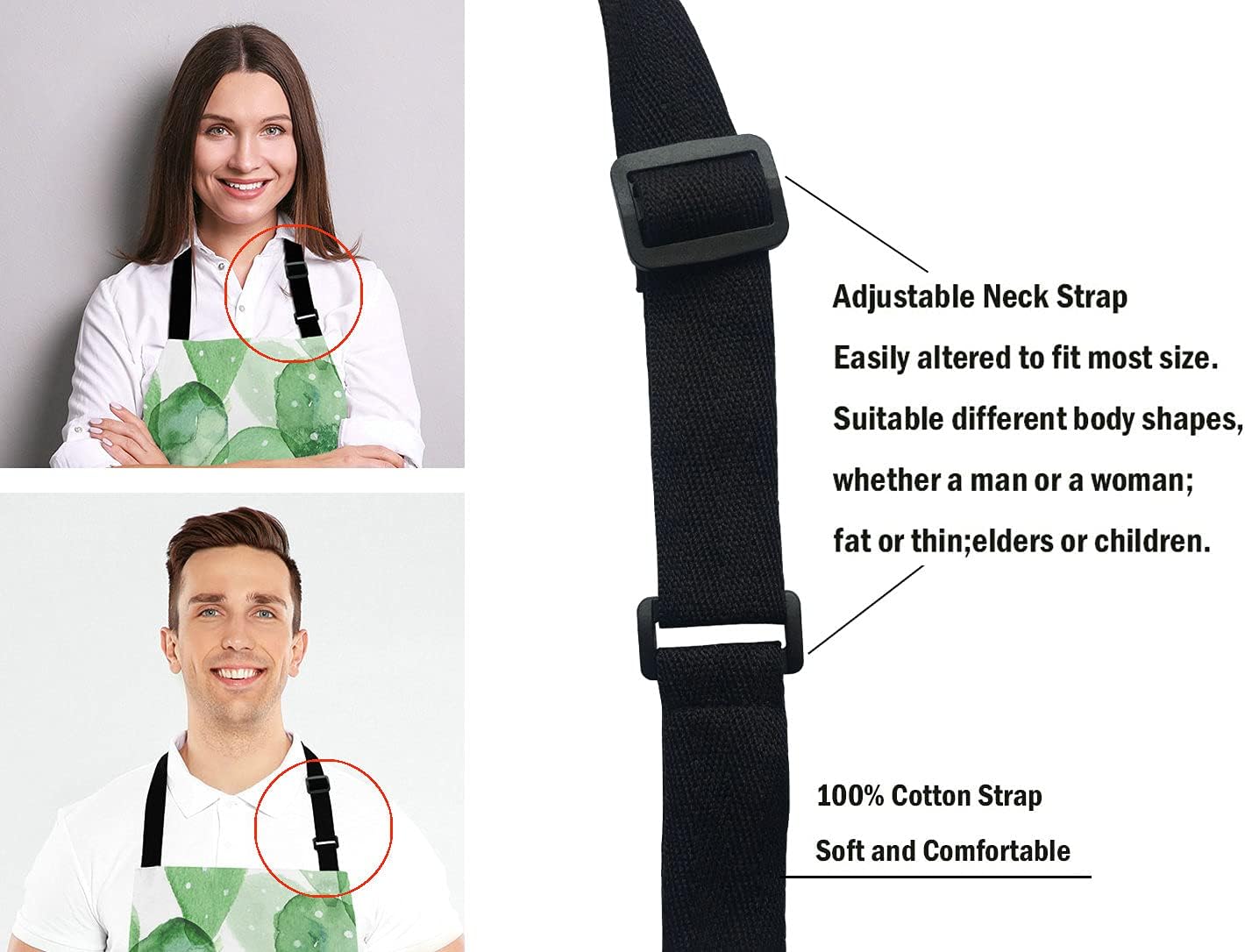 Cute Watercolor Cactus Adjustable Bib Apron, Succulent Olive Green Botanical Cooking Kitchen Apron for Men Women