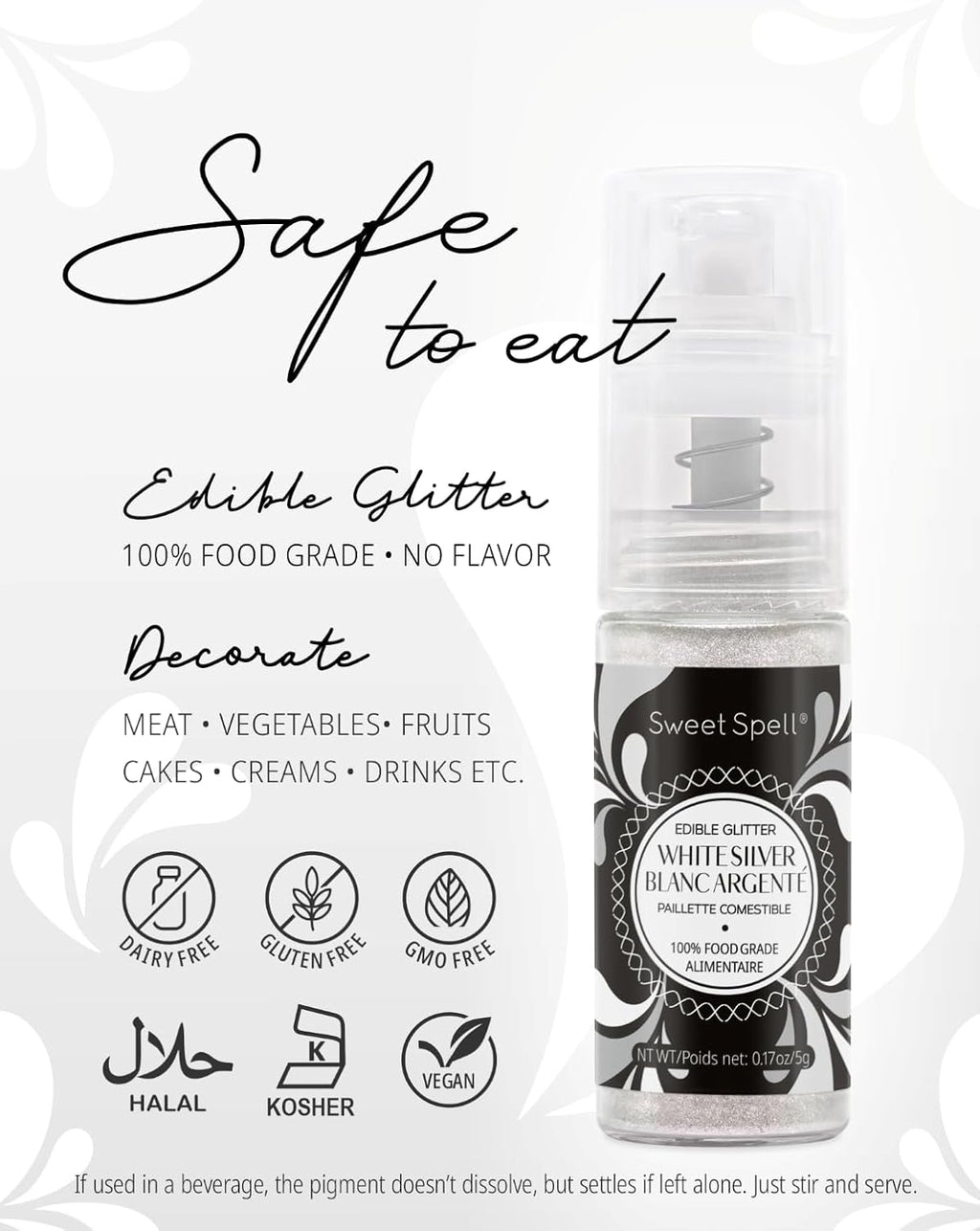 Sweet Spell Edible Cake Glitter Spray – Shimmering Magic for Cakes Decorating & Cocktails – 100% Edible, Food-Grade, Vegan, Gluten-Free (White Silver)