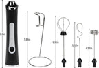 Rechargeable Milk Frother with Stand - 3 Speed Adjustable Electric Whisk, 3 Detachable Stainless Steel Heads for Latte, Cappuccino, Matcha, Egg(Black)
