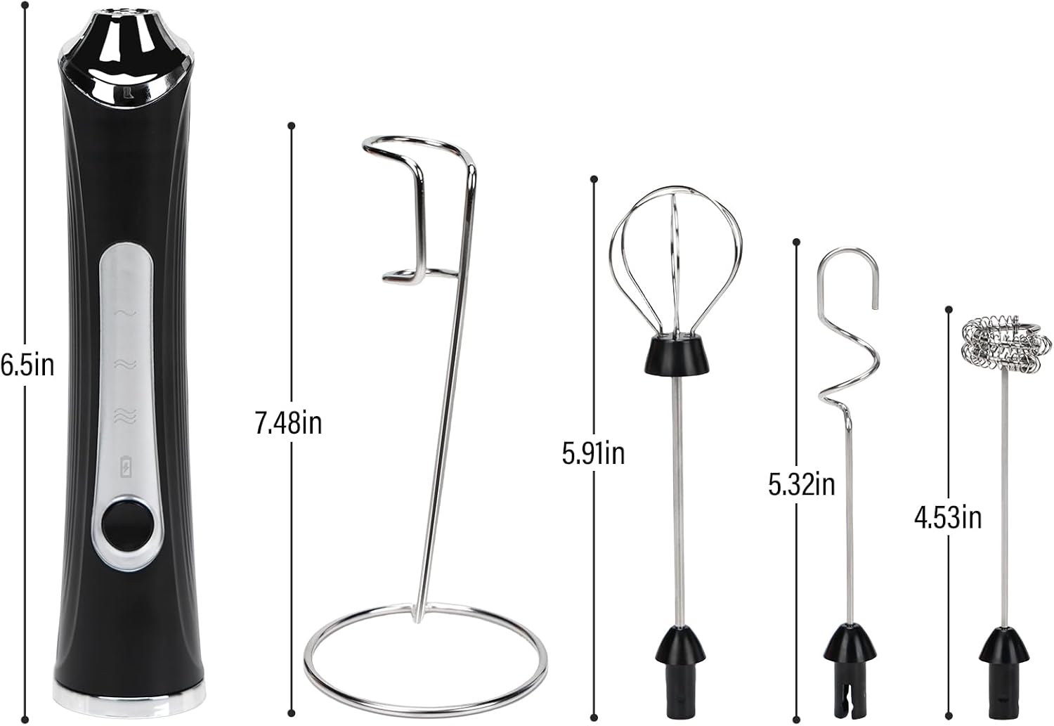 Rechargeable Milk Frother with Stand - 3 Speed Adjustable Electric Whisk, 3 Detachable Stainless Steel Heads for Latte, Cappuccino, Matcha, Egg(Black)