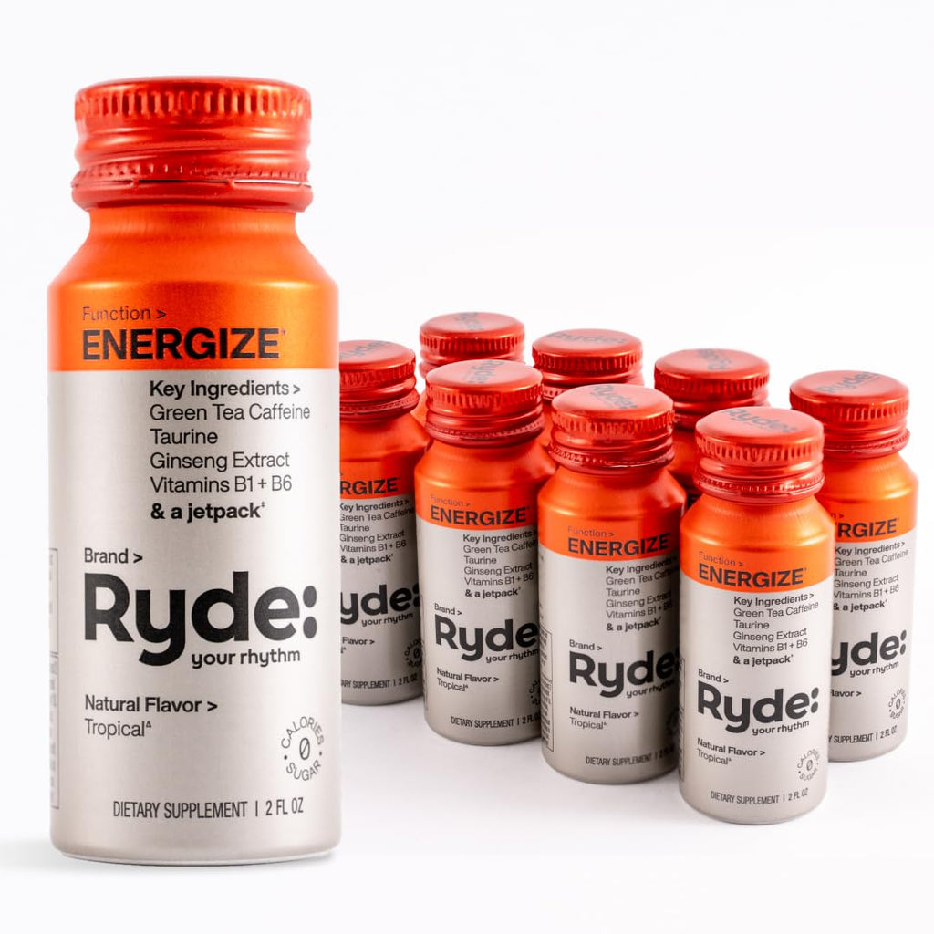 Ryde: Energize Shot | Tropical Flavor | Green Tea Caffeine, Taurine, Ginseng Extract & B Vitamins | 0 Calories, 0 Sugar | 2 FL OZ Shots | Boosts energy* (8 Pack)