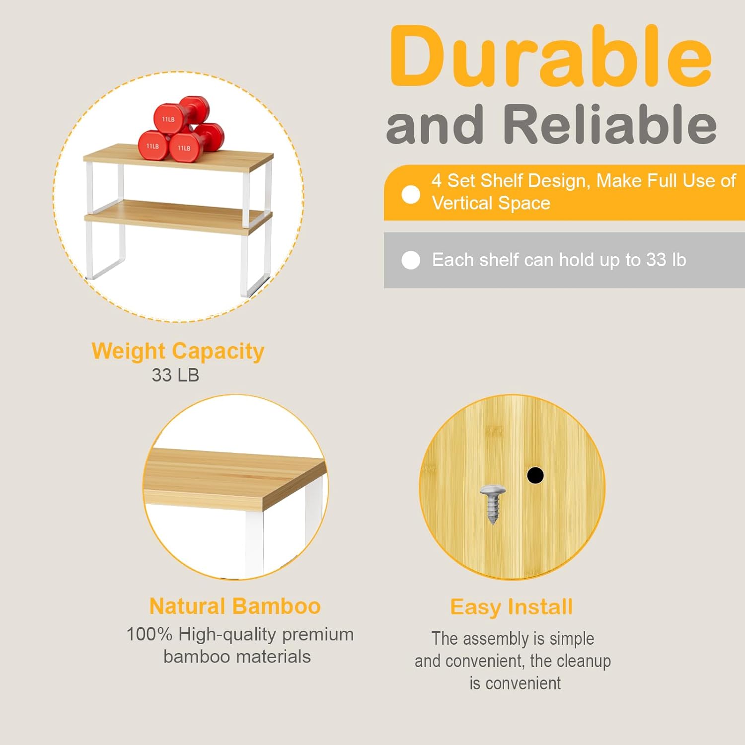 Cabinet Shelf Organizers, 15.7 inches Large Kitchen Counter Shelf, Set of 4 Wood Kitchen Pantry Organizer, Storage Shelves for Countertop, Spice Rack, Stackable, Expandable, Metal White, Nature