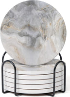 Set of 6 Abstract Gray White Marble Coasters with Holder, Absorbent Ceramic Coasters for Drinks, Coasters with Cork Backing for Table Protection, Housewarming Gifts for New Home