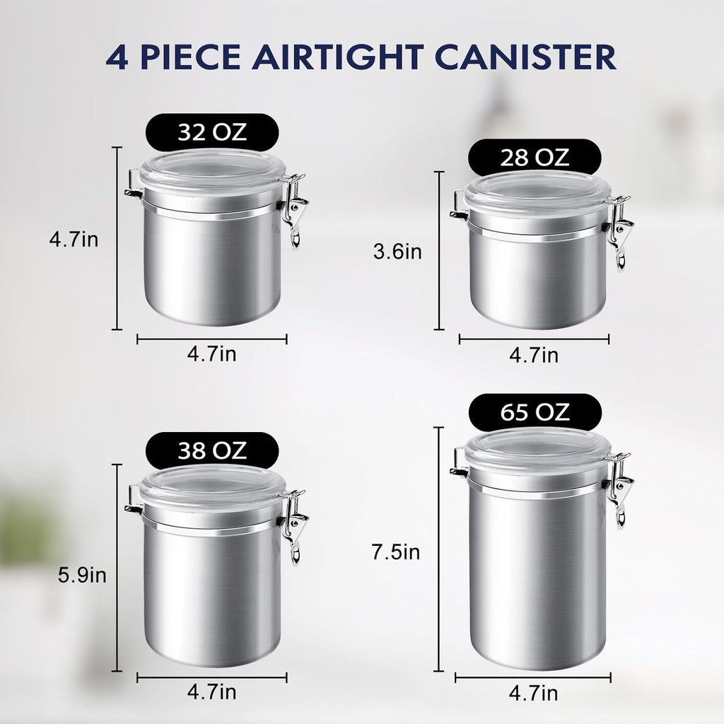 ENLOY 4-Piece Stainless Steel Airtight Food Storage Canister Set with Clear Lid, Containers Sets for Kitchen Counter for Sugar, Flour, Tea, Candy, Cookie, Spice, 28/32/38/65 oz