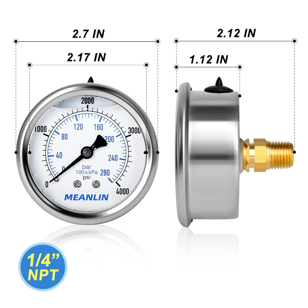 MEANLIN MEASURE 0~4000Psi Stainless Steel 1/4" NPT 2.5" FACE DIAL Liquid Filled Pressure Gauge WOG Water Oil Air Center Back Mount, with 1/4" x 1/2" NPT and 1/4" x 3/8" NPT Hex Bushing