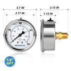 MEANLIN MEASURE 0~4000Psi Stainless Steel 1/4" NPT 2.5" FACE DIAL Liquid Filled Pressure Gauge WOG Water Oil Air Center Back Mount, with 1/4" x 1/2" NPT and 1/4" x 3/8" NPT Hex Bushing