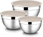 E-far Mixing Bowls with Lids, 6-Piece Stainless Steel Salad Bowls Metal Nesting Bowls for Baking Cooking and Prepping, Airtight Lids & Stackable Design, Size 4.5, 3, 1.5 QT (Khaki)