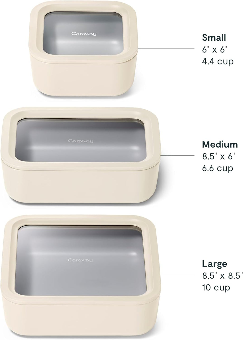 Caraway 3pc Glass Food Storage Set – 10 Cup, 6.6 Cup, & 4.4 Cup Food Containers - Ceramic Coated - Non Toxic Non Stick Lunch Box with Glass Lids - Dishwasher, Oven, & Microwave Safe - Cream