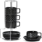 Sureasy Ceramic Espresso Cups Set of 4 – 4 oz Black Stackable Cappuccino Cups with Saucers and Metal Stand, Embossed Mugs for Latte, Mocha, Tea, and Specialty Coffee