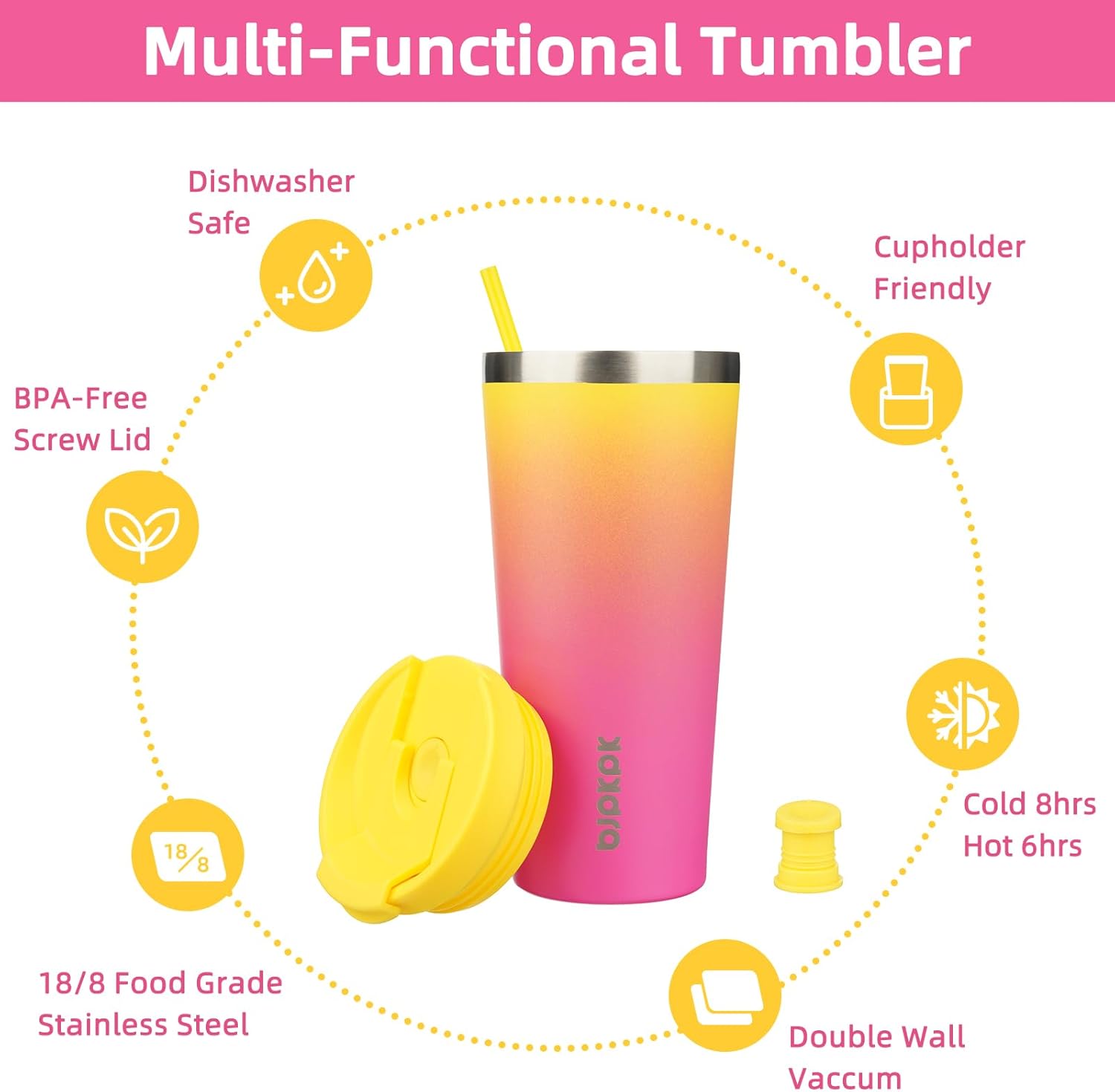 BJPKPK 22oz Stainless Steel Insulated Tumbler With lid And Straw Travel Coffee Thermal Tumblers Cup For Women And Men,Pink Yellow Rose