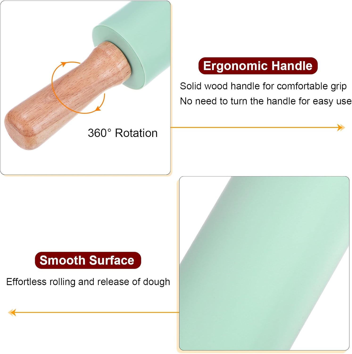 HARFINGTON Silicone Rolling Pins for Baking 14.96 Inch Non-Stick Silicone Surface Wooden Handle Rolling Pin Small Roller Playdough Rolling Pins for Fondant Kitchen Dough Pizza, Green