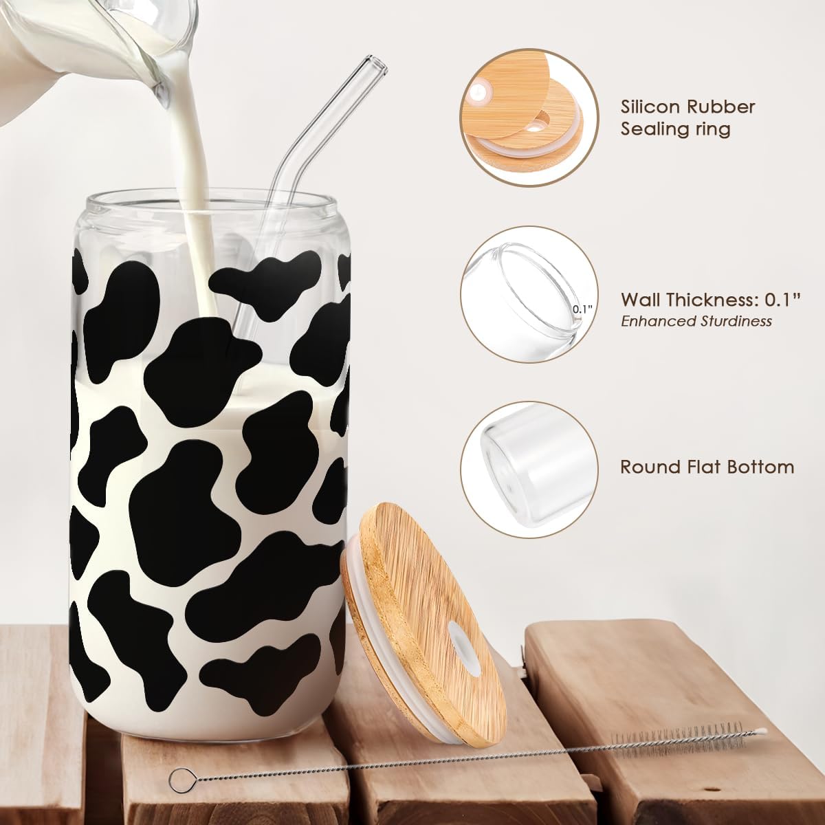 SANDJEST Cow Glass Can, Cow Prints Cup with Lid & Straw, Iced Coffee Aesthetic Cups, Idea Gift for Christmas Birthday Mother Day, Gifts for Women, 16oz