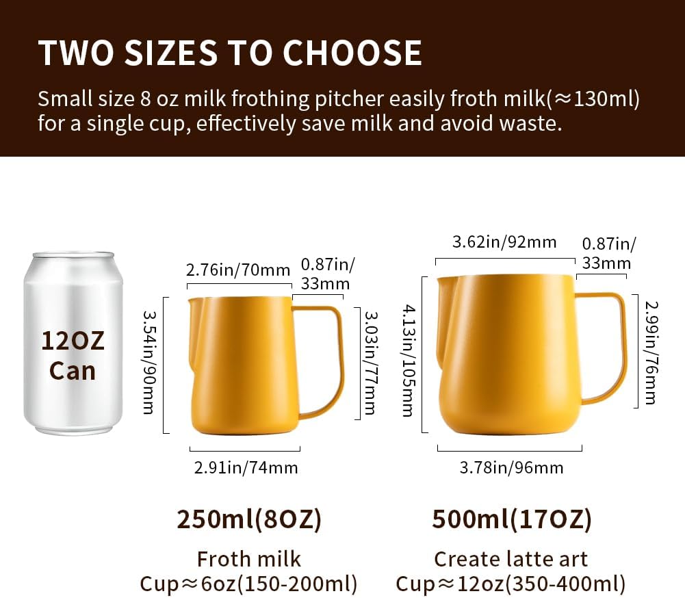 watchget Milk Frothing Pitcher 250ml/8oz Stainless Steel Espresso Steaming Jug with Matte Yellow Coating, Latte Art Coffee Frother Cup