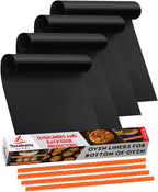 Oven Liners for Bottom of Oven Black (4-pack) Bundled with Rack Shield (4-pack) - Large Mat for Bottom of Range (17"x 25") and 14" Orange Stove Guards for Racks - Reusable & Heat Resistant