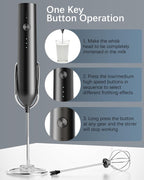 Rechargeable Milk Frother with Stand, Electric Frother Wand Handheld Coffee Foam Maker Detachable Stainless Steel Whisk Drink Mixer Foamer for Latte, Cappuccino, Hot Chocolate, Egg (Black)