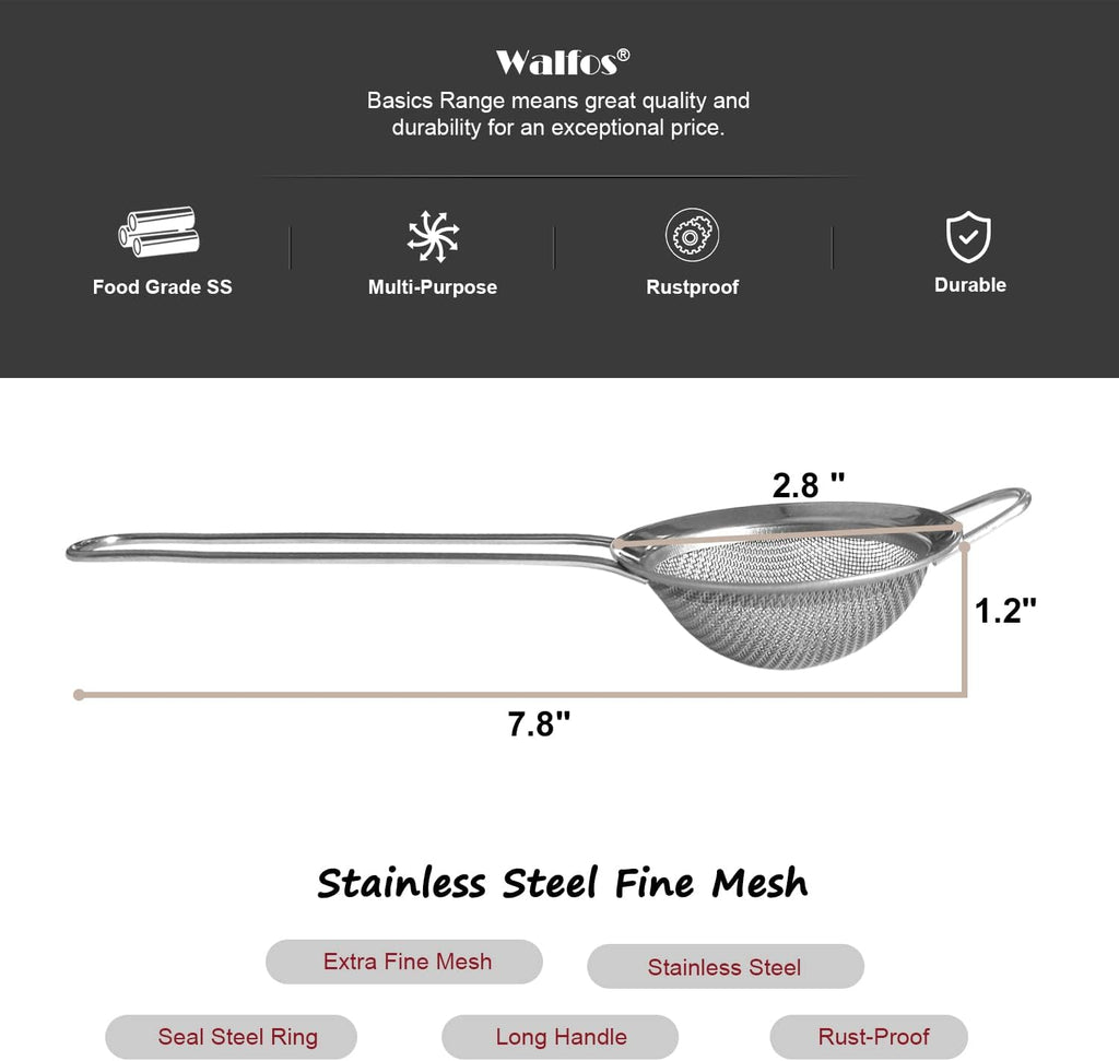 Walfos Small Fine Mesh Tea Strainer, Mini Stainless Steel Sieve with Handle, 2.8 Inch Kitchen Metal Sifter Strainers for Tea, Juicing, Coffee, Cocktail, Powdered Sugar, Matcha (2 Pack)