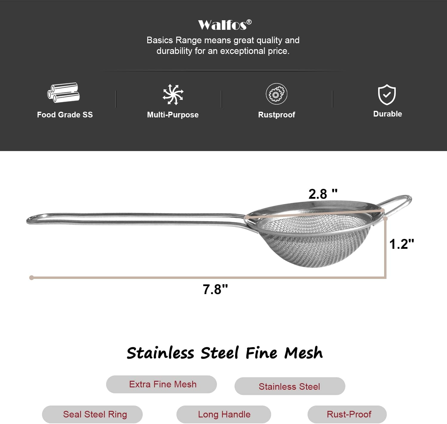 Walfos Small Fine Mesh Tea Strainer, Mini Stainless Steel Sieve with Handle, 2.8 Inch Kitchen Metal Sifter Strainers for Tea, Juicing, Coffee, Cocktail, Powdered Sugar, Matcha (2 Pack)