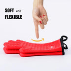 Kitchen Oven Gloves - Dual-Layer Heat Resistant Grilling Gloves, Silicone Oven Mitts with 5 Fingers, Waterproof Non-Slip Pot Holder for Barbecue, Cooking, Baking (Red)