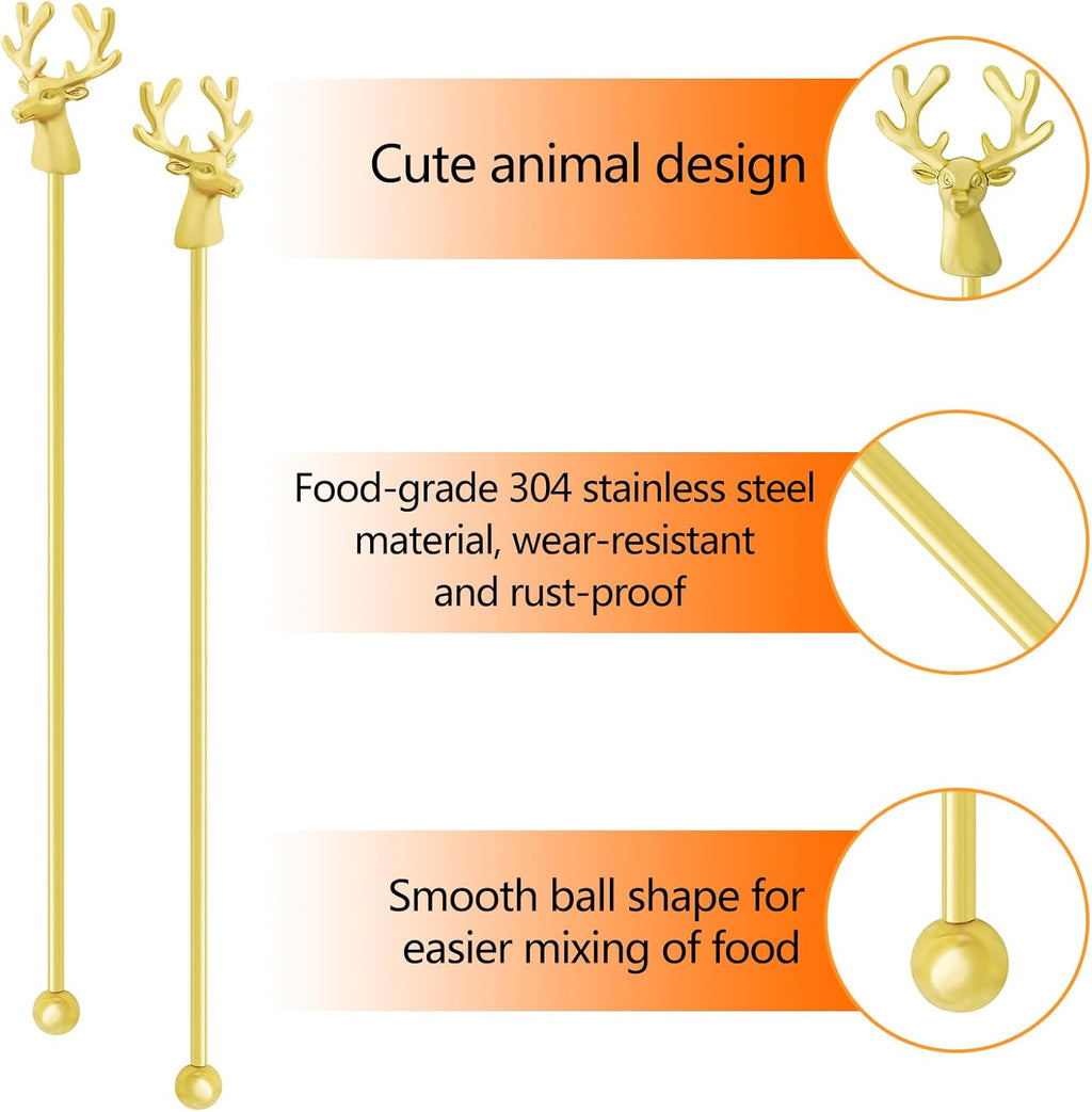 Swizzle Sticks,5 Pcs Stainless Steel Reusable Deer Head Shape Cocktail Stirrer Coffee Beverage Stir Sticks for Cocktail, Whiskey, Hot Cocoa, Creamer (Gold)