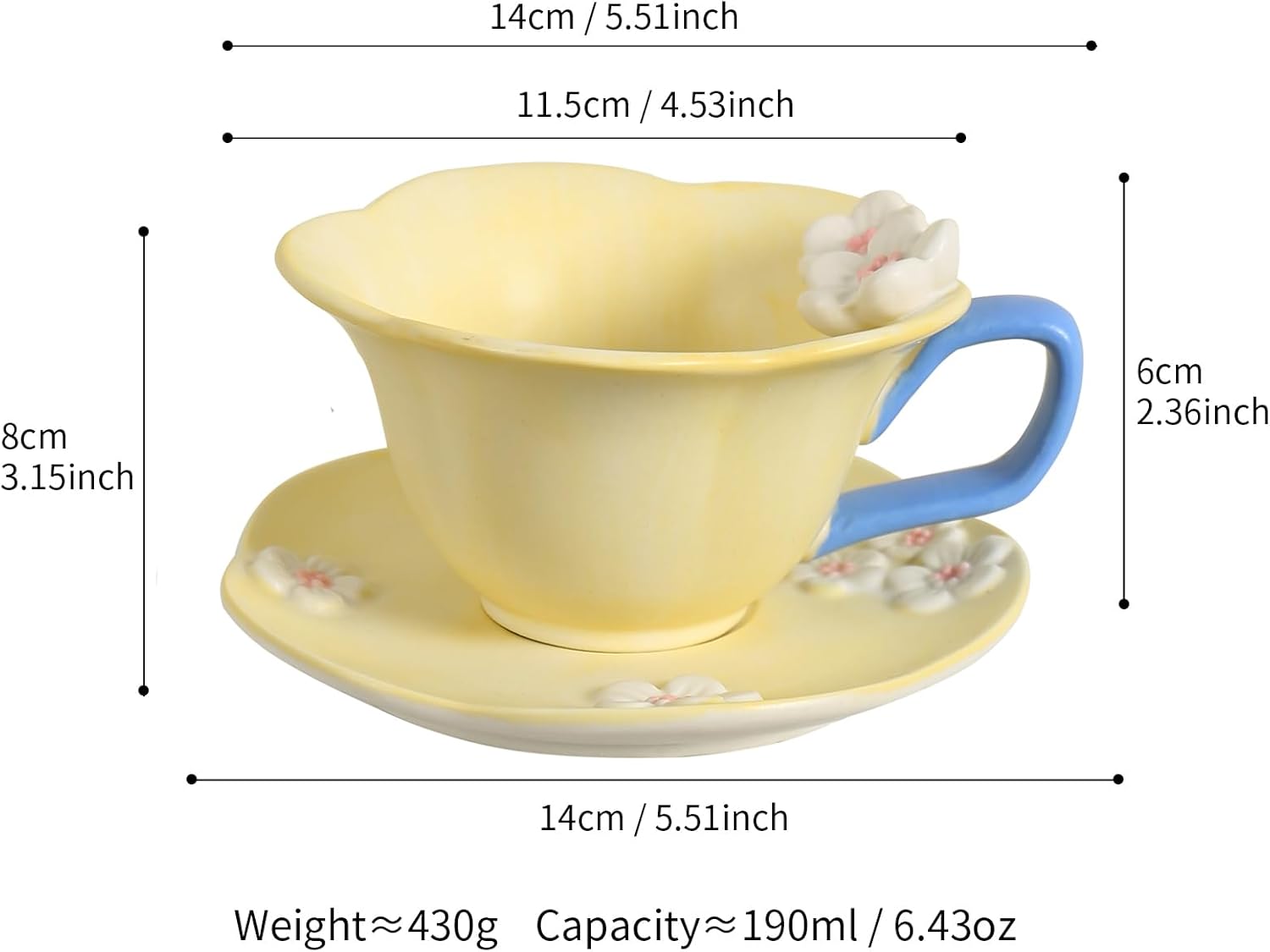 Floral Tea Cups and Saucers, Ceramic Cute Coffee Mug for Women Tea Party, Cappuccino Latte Milk (Yellow)