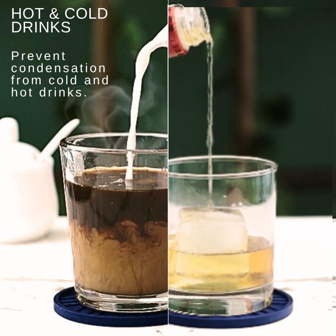 Coasters Set of 6 - Silicone Drink Coasters for Home Decor and Coffee Table Modern Elegant Blue Pattern - Round 4" Housewarming Gifts