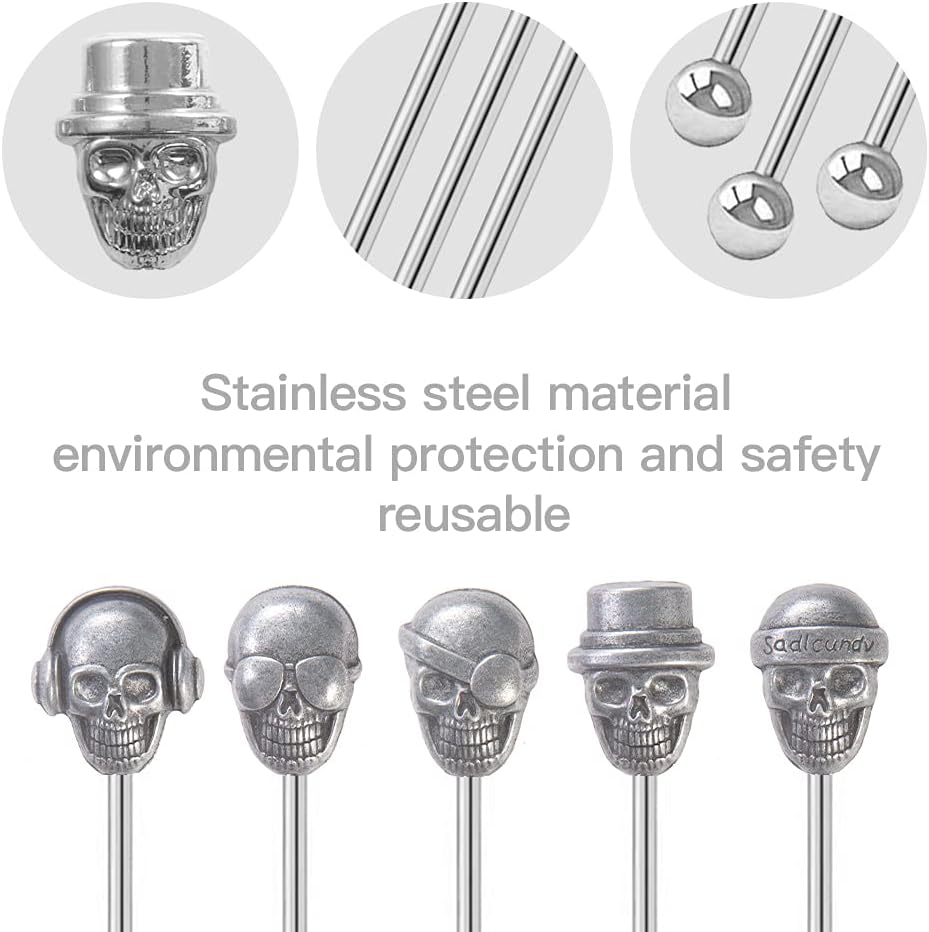 Skull Shape Swizzle Sticks, Reusable Stainless Steel Coffee Beverage Stirrers Cocktail, 5-Pack Drink Stir Sticks for Bar Party Home Office (Ancient Silver)