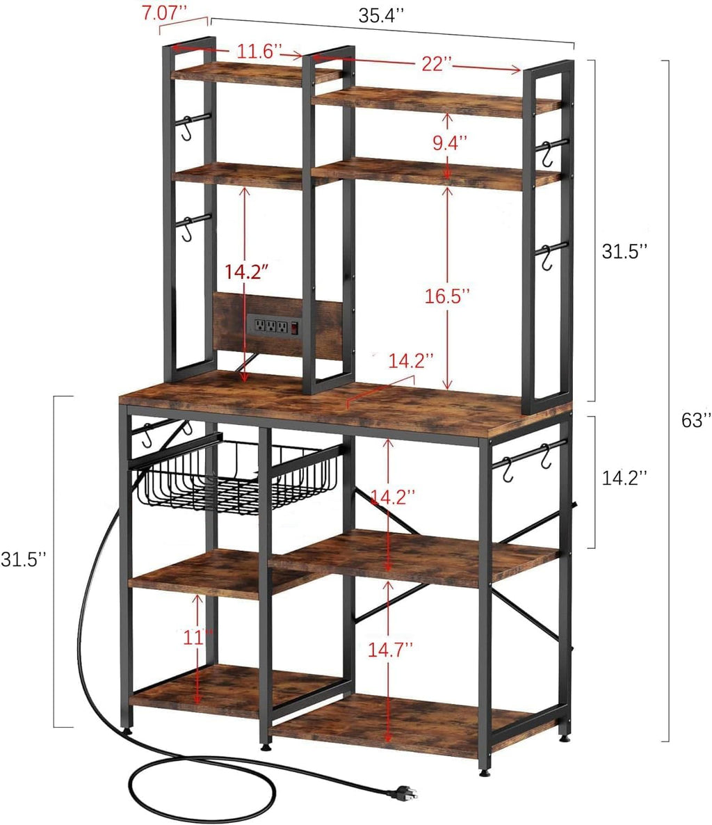 Standing Kitchen Baker’s Rack, Bakers Rack with Power Outlet, 6-Tier Microwave Stand, Coffee Bar with 12 S-Shaped Hooks, Kitchen Shelf with Storage, Coffee Bar Station, for Rustic Brown