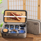 LURRIER Gongfu tea sets, Portable Ceramic TeaSet, Asian Tea sets for adult, Tea Gift sets, Grey leather case, Portable Travel Bag,Home,Gifting,Outdoor and Office(XBlack and Blue)
