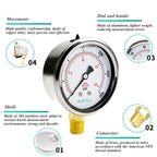 ELECALL 2-1/2" Liquid Glycerin Filled Air Pressure Gauge, 0-300Psi, 1/4" NPT Lower Mount, Stainless Steel Case, Brass Internals, Water Pressure Gauge