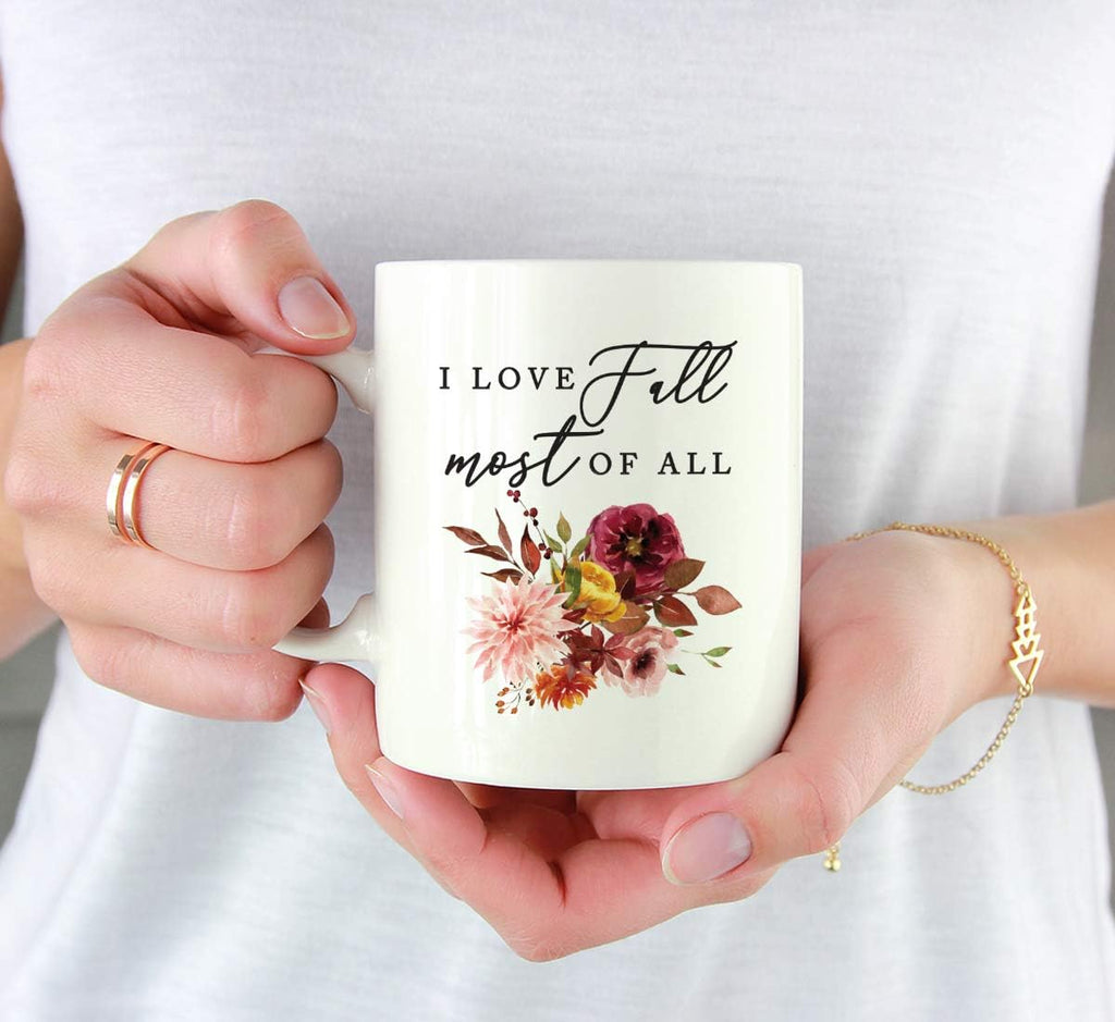 Andaz Press Fall Burgundy Marsala 11oz. Ceramic Coffee Tea Mug, I Love Fall Most Of All, 1-Pack, Floral Blooms Graphic, Friend, Family, Coworker, Autumn Season, Thanksgiving Ideas