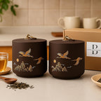 Bare & Balanced Premium Ceramic Tea Canister Set – Handcrafted Storage Jars with Airtight Lids | Crane & Mountain Design | Ideal for Tea, Coffee, Spices | Gift-Ready Box (Charcoal Brown)