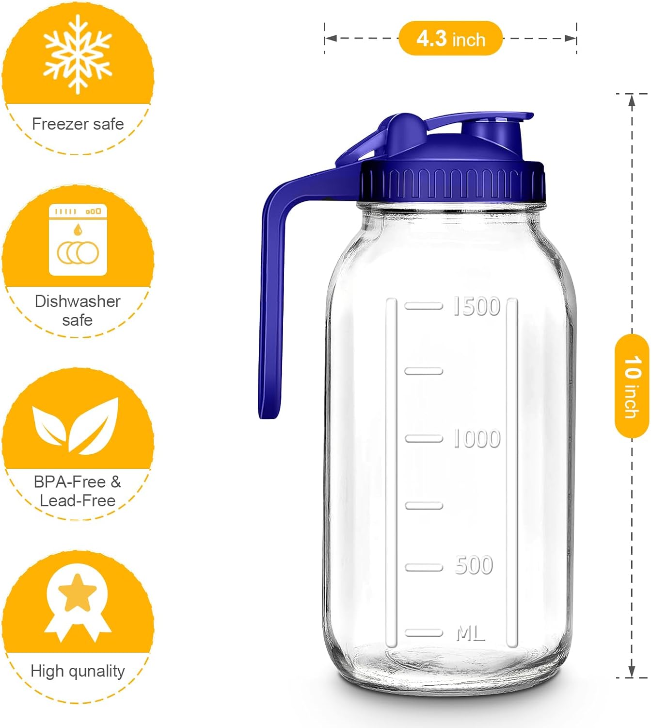 Mason Jar Pitcher, 64 OZ Glass Pitcher with Lid Double Leak-proof with Handle Water Jug Wide Mouth Breast Milk Pitcher Fridge Container for Water, Juice, Iced Coffee, Tea, Juice - Blue