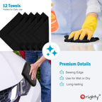 Orighty Microfiber Cleaning Cloth, 12 Pack Microfiber Towels for Cars, Highly Absorbent Car Cleaning Supplies, Lint Free Cloths Clean Rags for Car Care, House, Kitchen, 12x12 inch, Black