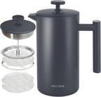 Secura French Press Coffee Maker, 304 Grade Stainless Steel Insulated Coffee Press with 2 Extra Screens, 34oz (1L), Grey