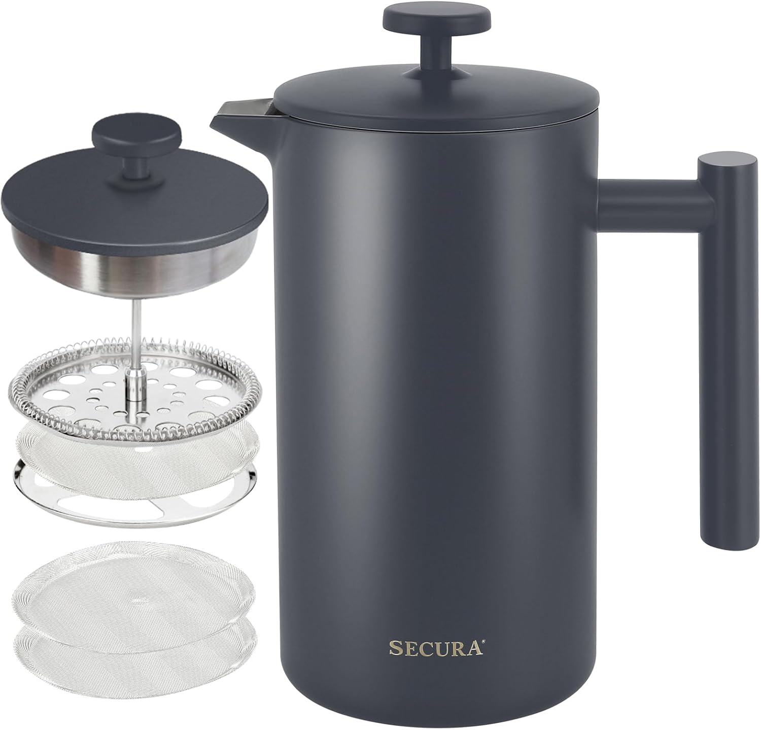 Secura French Press Coffee Maker, 304 Grade Stainless Steel Insulated Coffee Press with 2 Extra Screens, 34oz (1L), Grey