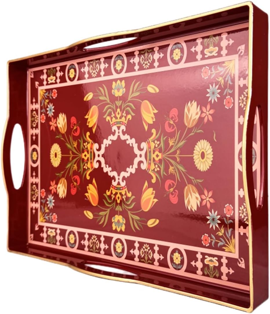 Boho Red Decorative Tray, Serving Tray with 4 Handles, Plastic Tray for Coffee Table, Ottoman - Ideal for Living Room & Bathroom. 15” x 11” x 1.9”