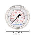 MEASUREMAN 2-1/2inch Dial Size, Glycerin Filled Pressure Gauge, 0-100psi/kpa, 304 Stainless Steel Case, 1/4 Inch NPT Center Back Mount
