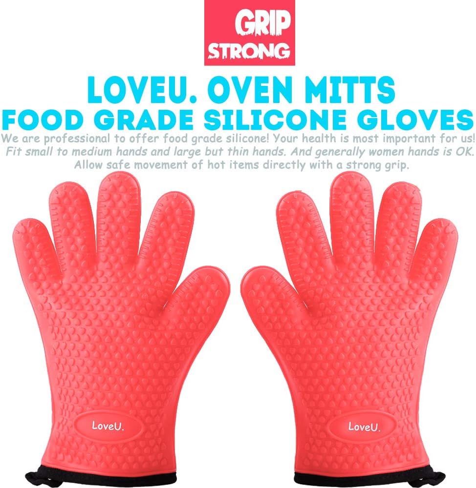 Kitchen Oven Gloves - Dual-Layer Heat Resistant Grilling Gloves, Silicone Oven Mitts with 5 Fingers, Waterproof Non-Slip Pot Holder for Barbecue, Cooking, Baking (XL-XXXL, Red)