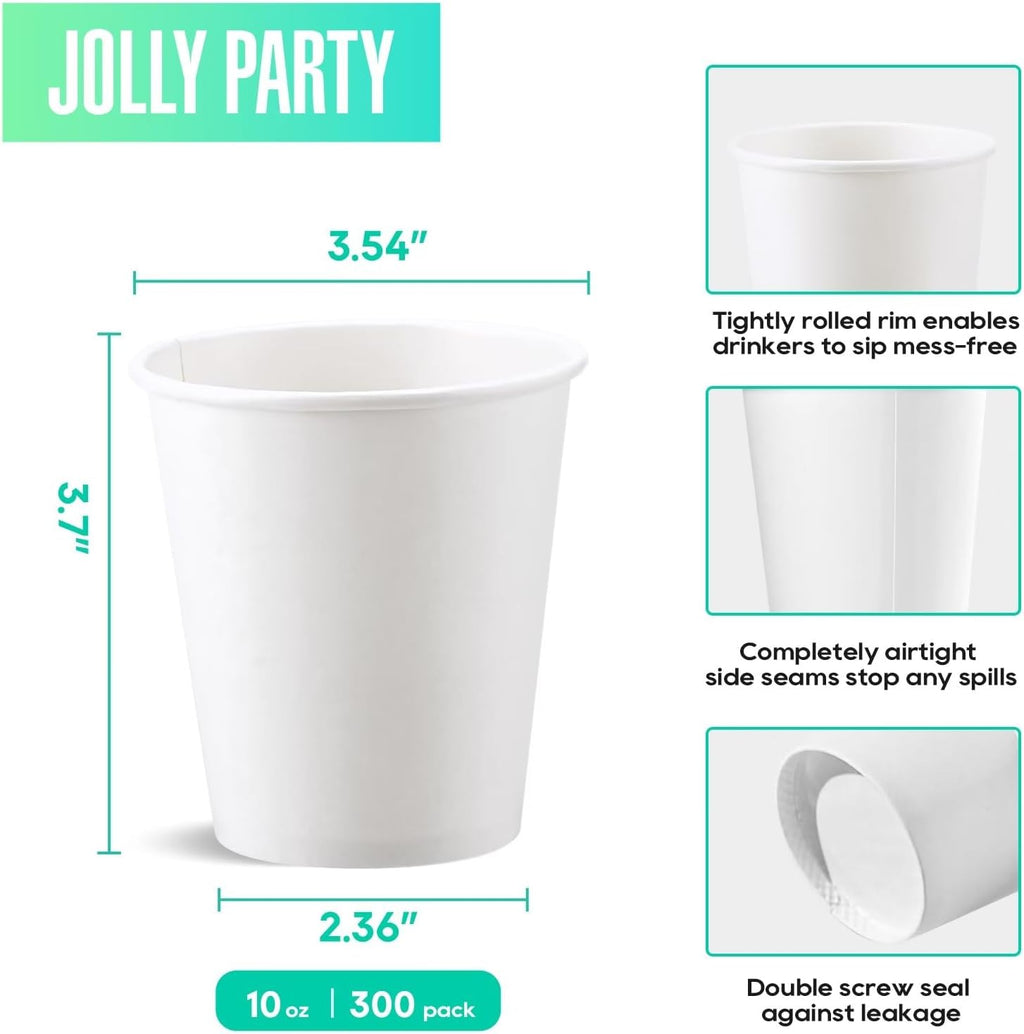 JOLLY PARTY 300 Pack 10 oz Disposable Paper Coffee Cup, Hot/Cold Beverage Drinking Cups for Water, White Paper Hot Coffee Cups