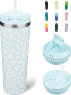 BJPKPK 30oz Tumbler With lid And Straw Stainless Steel Travel Coffee Mug Insulated Tumblers Cups,Light Blue Leopard